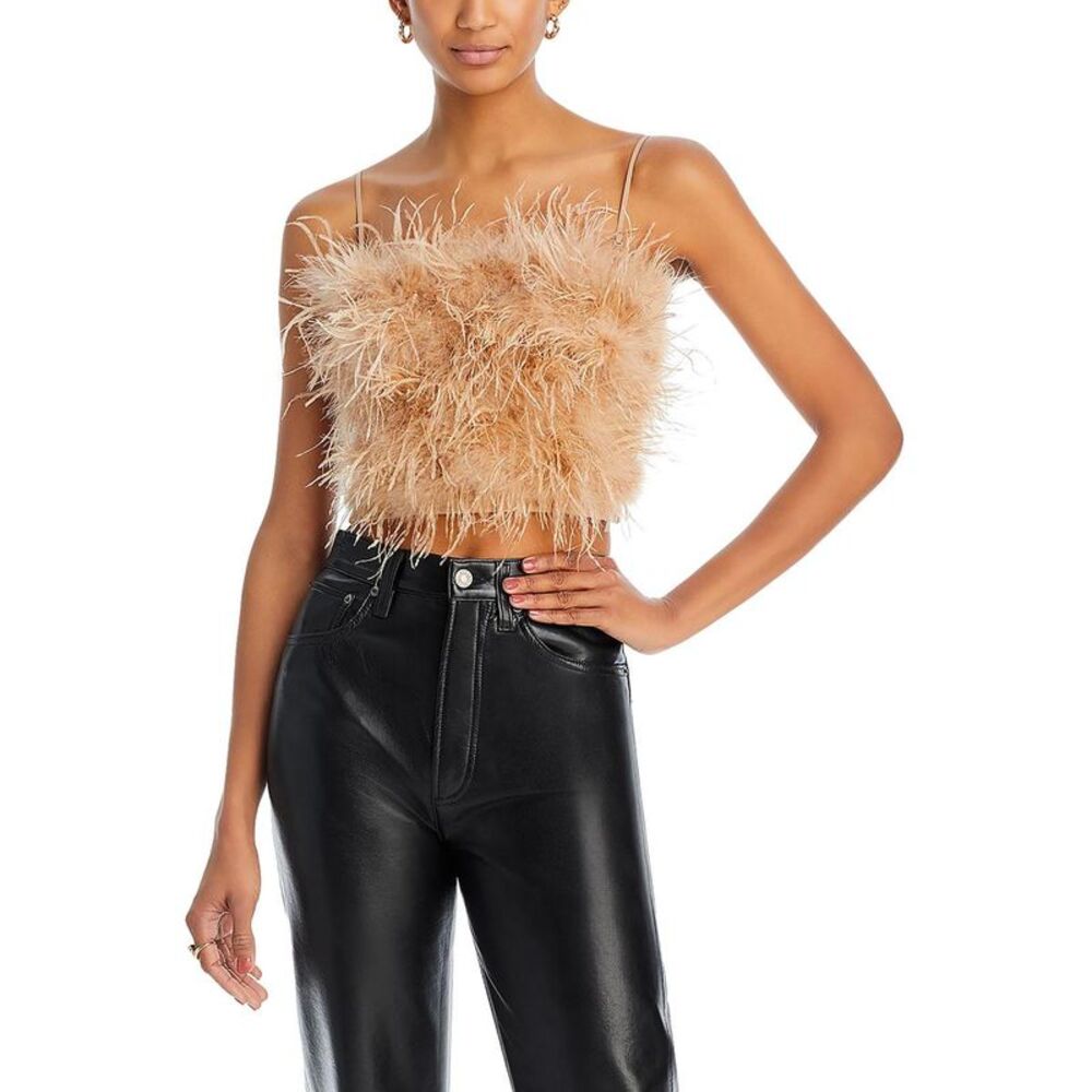 Lucy Paris Womens Milly Taupe Feathers Crop Tank Blouse Shirt NWT